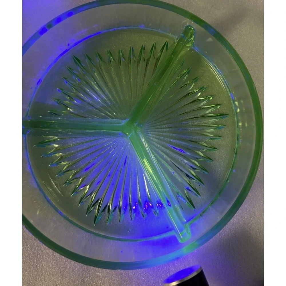 Uranium Glass 3 Compartment Relish Dish Green Depression Starburst UV Glow Vtg